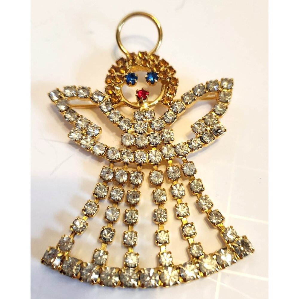 Vintage Gold Tone Rhinestone Angel Brooch Blue & Red Accents Holiday Jewelry